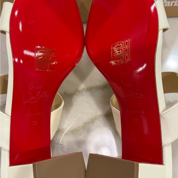 Christian Louboutin La Saviata Emblem Slide Sandal Size 38 Snow Patent Leather - Picture 13 of 14